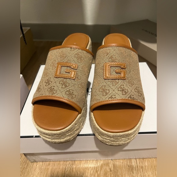 Guess Beige Logo Wedge Sandals - Picture 2 of 3